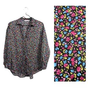 Zara Women Blue Pink Floral Button Down Shirt Oversized Collared Long Sleeve S